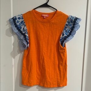 THML Orange Blouse with Blue Floral Ruffle Sleeves